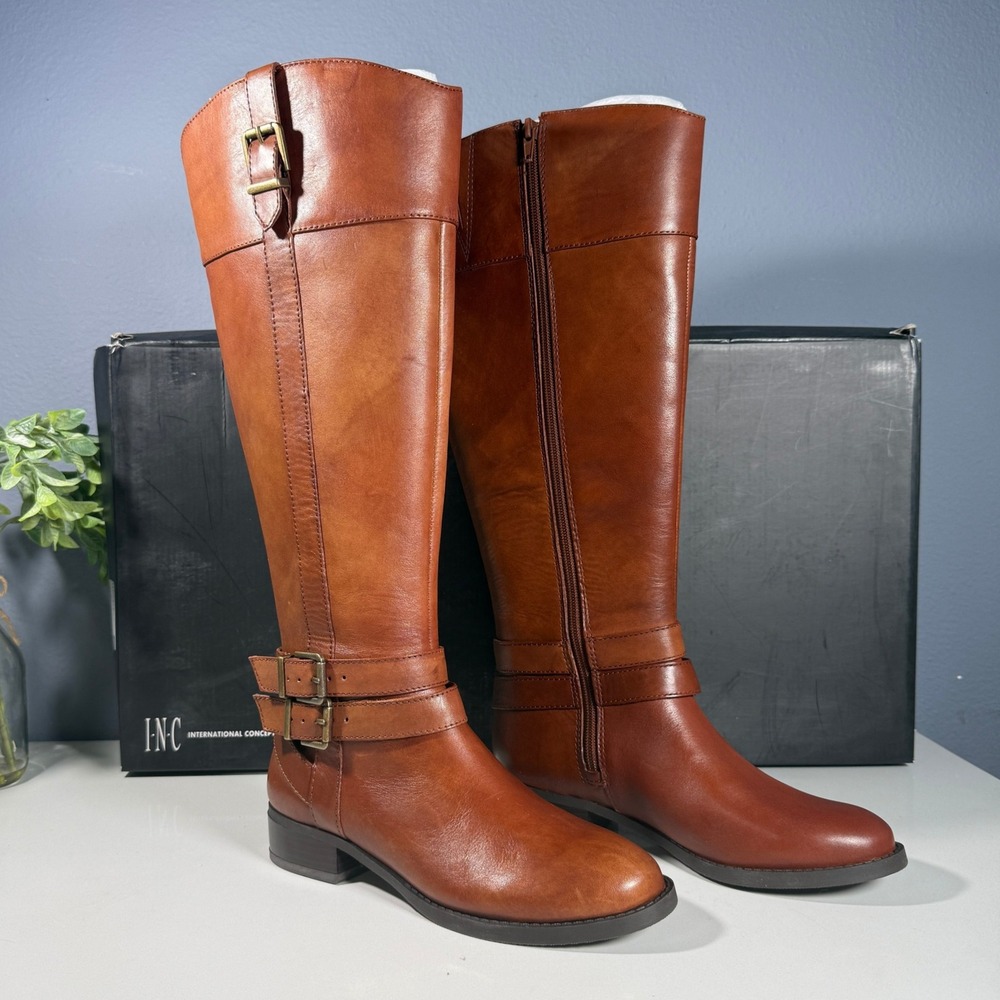INC International Concepts Women‎ Cognac Leather Tall Boots Wide Calf Size 5.5